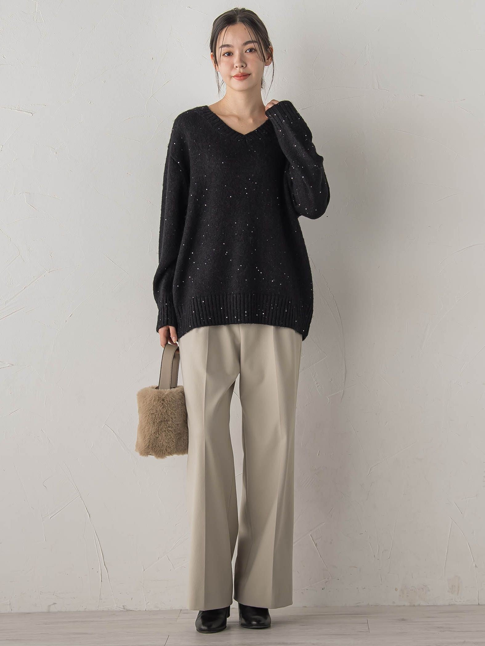 スパンコールVネックニット≪手洗い可能≫