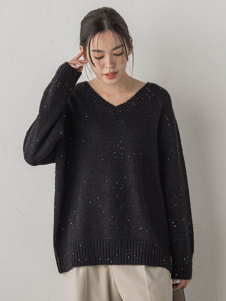 スパンコールVネックニット≪手洗い可能≫