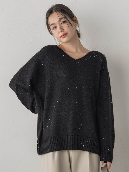 スパンコールVネックニット≪手洗い可能≫