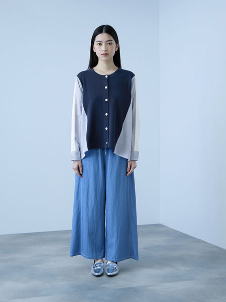 異素材切替クルーネックニットカーディガン