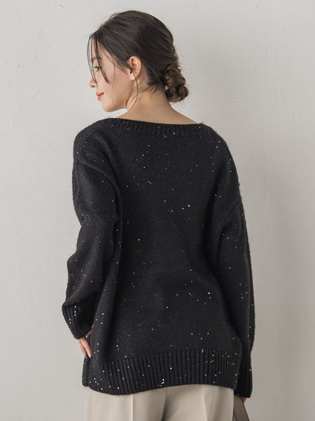 スパンコールVネックニット≪手洗い可能≫
