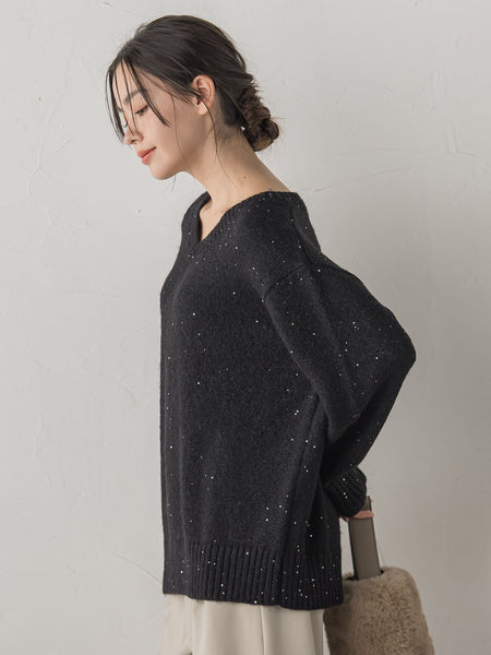 スパンコールVネックニット≪手洗い可能≫