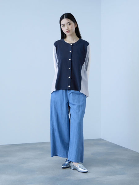 異素材切替クルーネックニットカーディガン