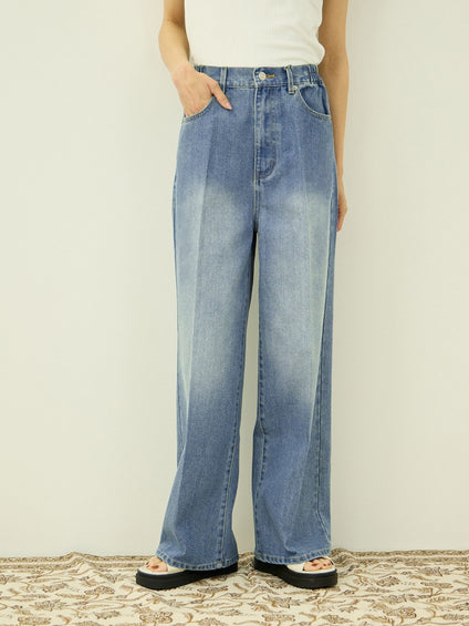 サイドゴムセンタープレス ストレートデニムパンツ