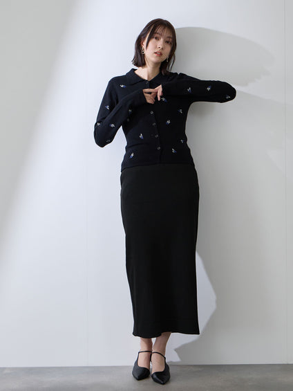 フラワー刺繍ポロニットトップス