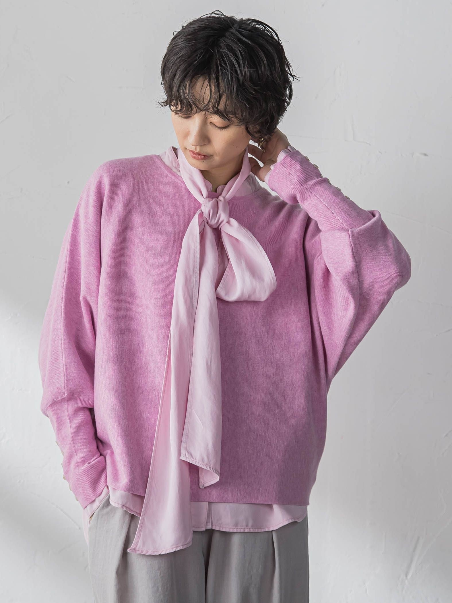 袖口ボタンドルマンニットプルオーバー≪手洗い可能≫