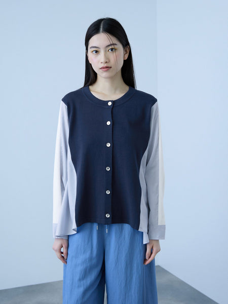異素材切替クルーネックニットカーディガン