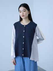 異素材切替クルーネックニットカーディガン