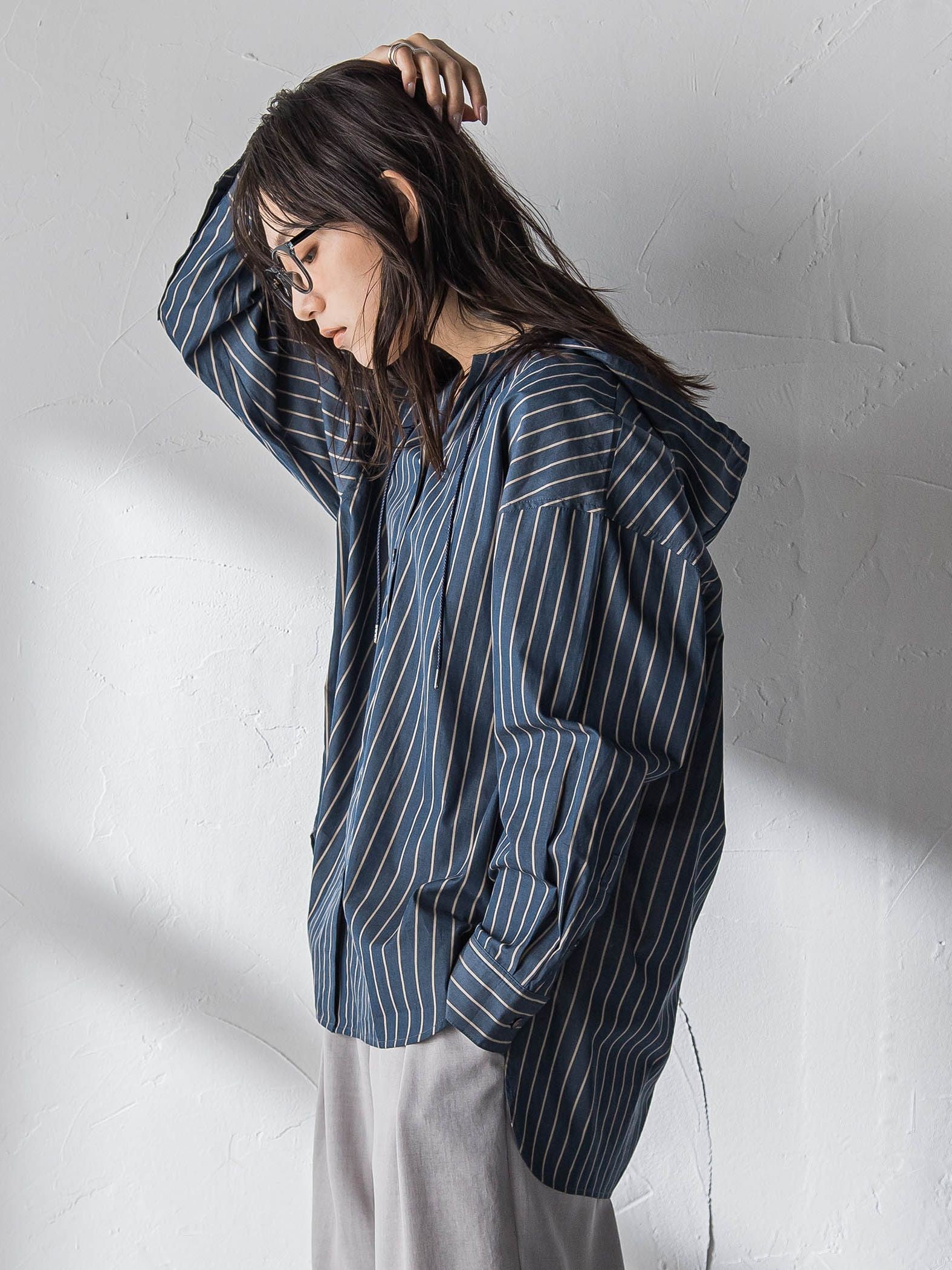 ストライプフーディオーバーシャツ≪手洗い可能≫