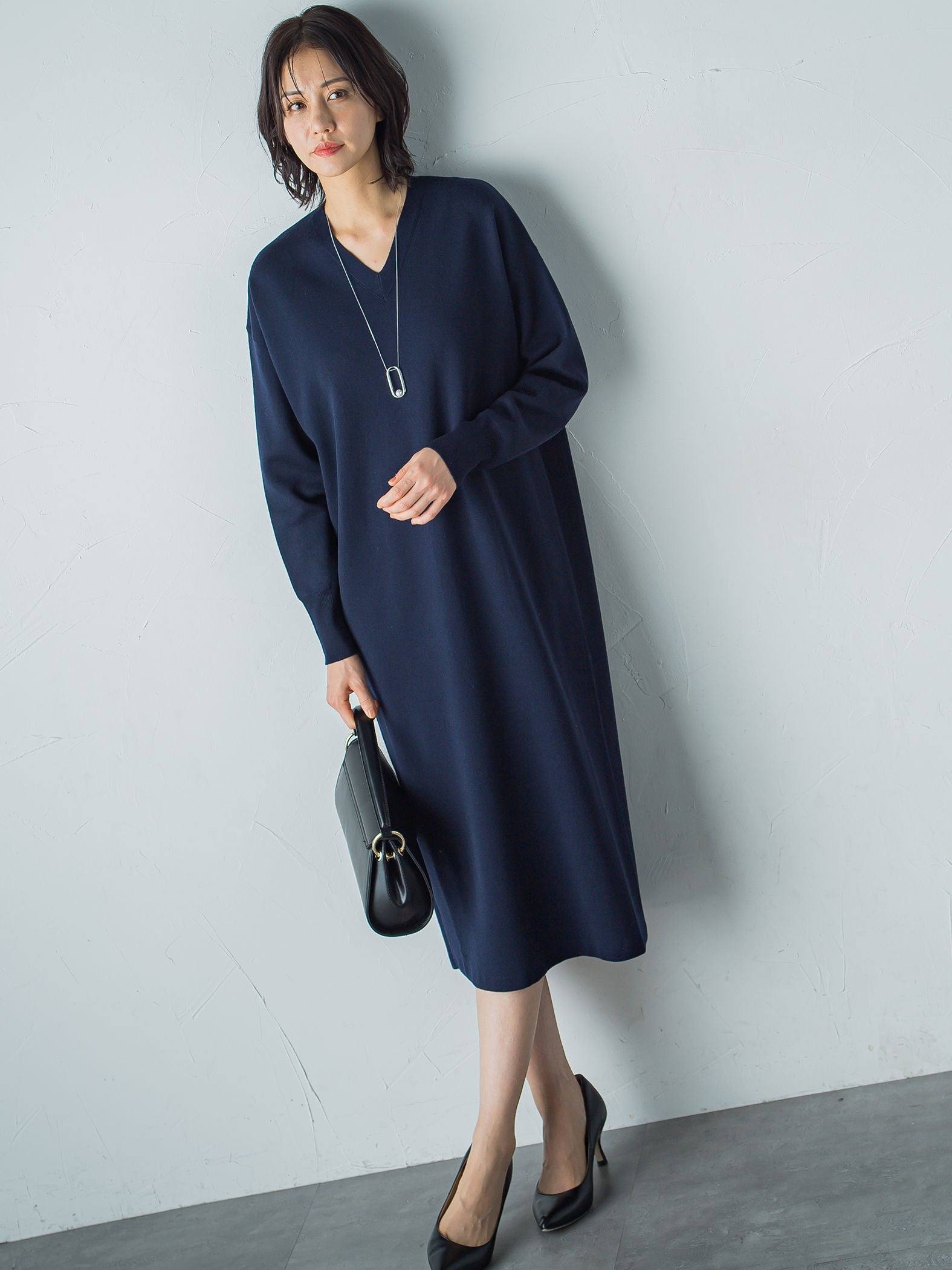 【WEB限定】Vネックニットワンピース≪丈長めあり/手洗い可能≫
