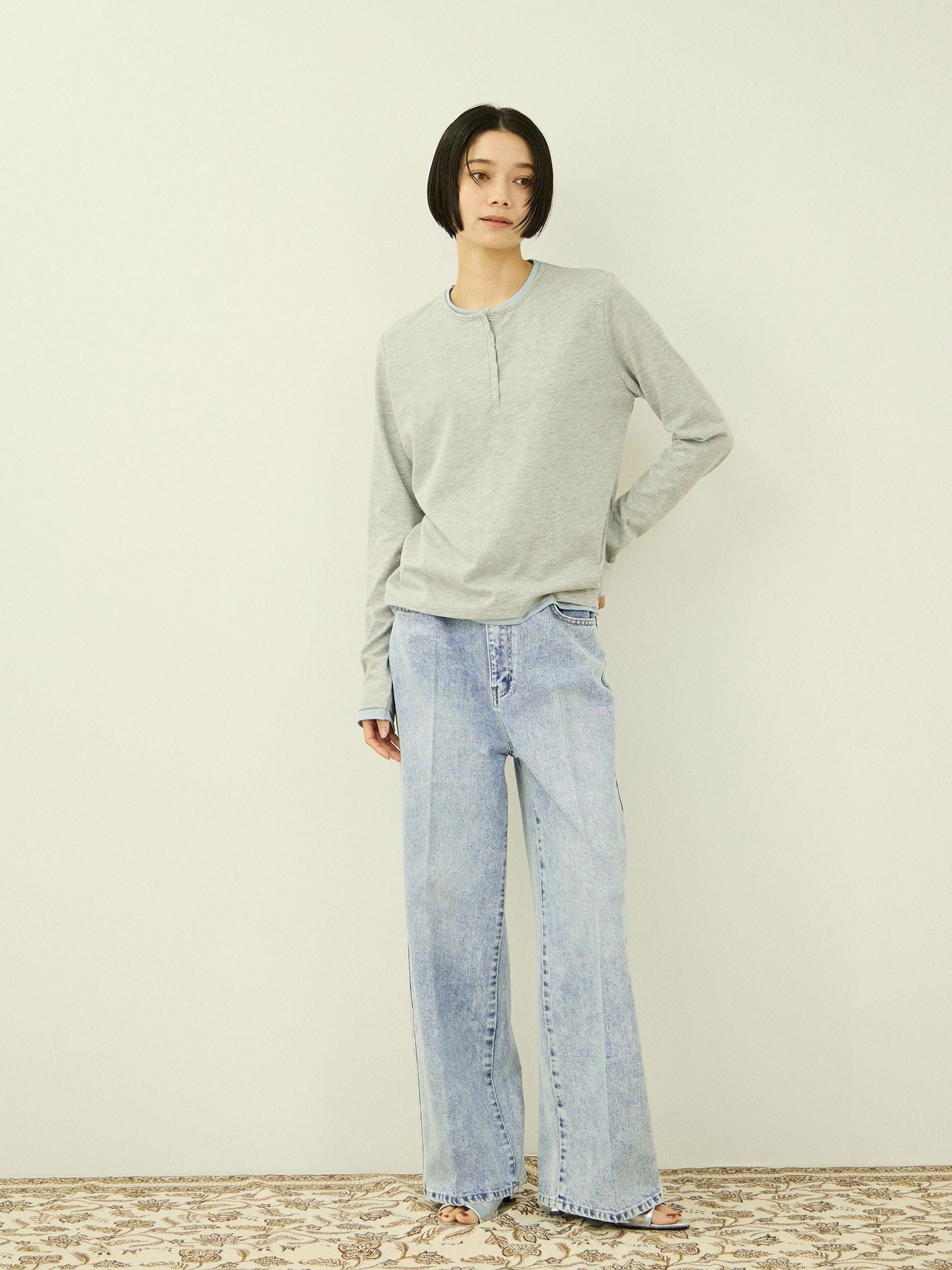 サイドゴムセンタープレス ストレートデニムパンツ