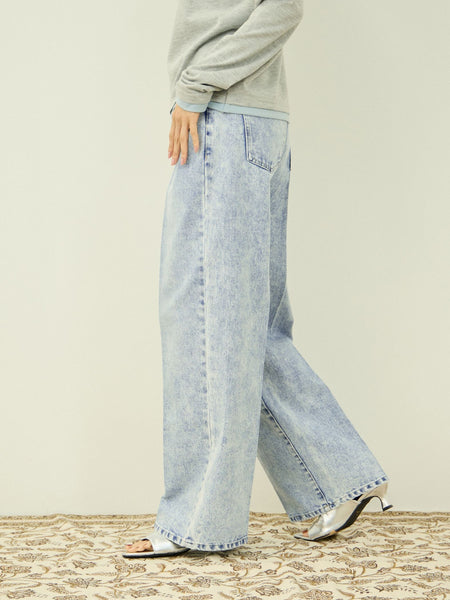 サイドゴムセンタープレス ストレートデニムパンツ