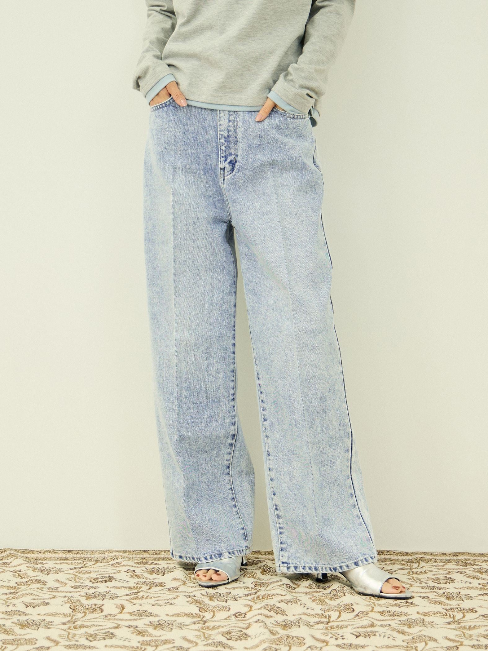 サイドゴムセンタープレス ストレートデニムパンツ