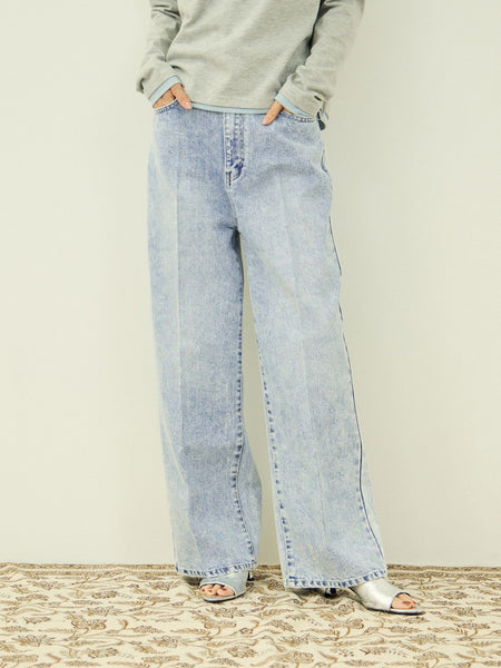 サイドゴムセンタープレス ストレートデニムパンツ