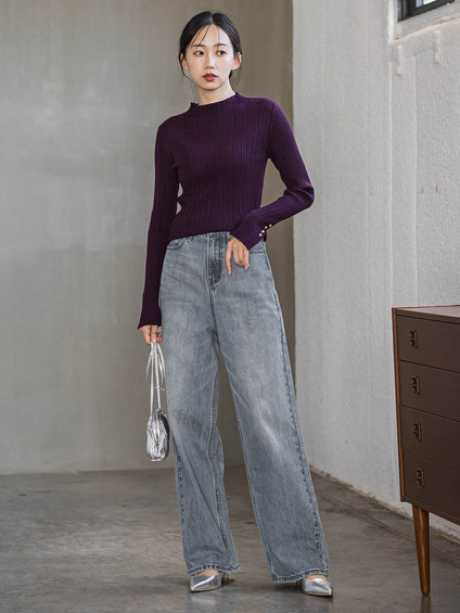 袖ボタンランダムリブニット≪手洗い可能≫