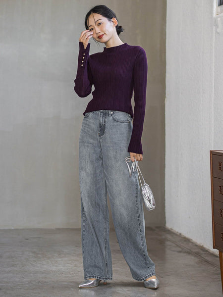 袖ボタンランダムリブニット≪手洗い可能≫