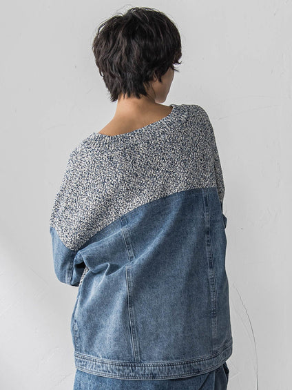 デニムドッキングVネックニットプルオーバー≪洗濯機で洗える≫