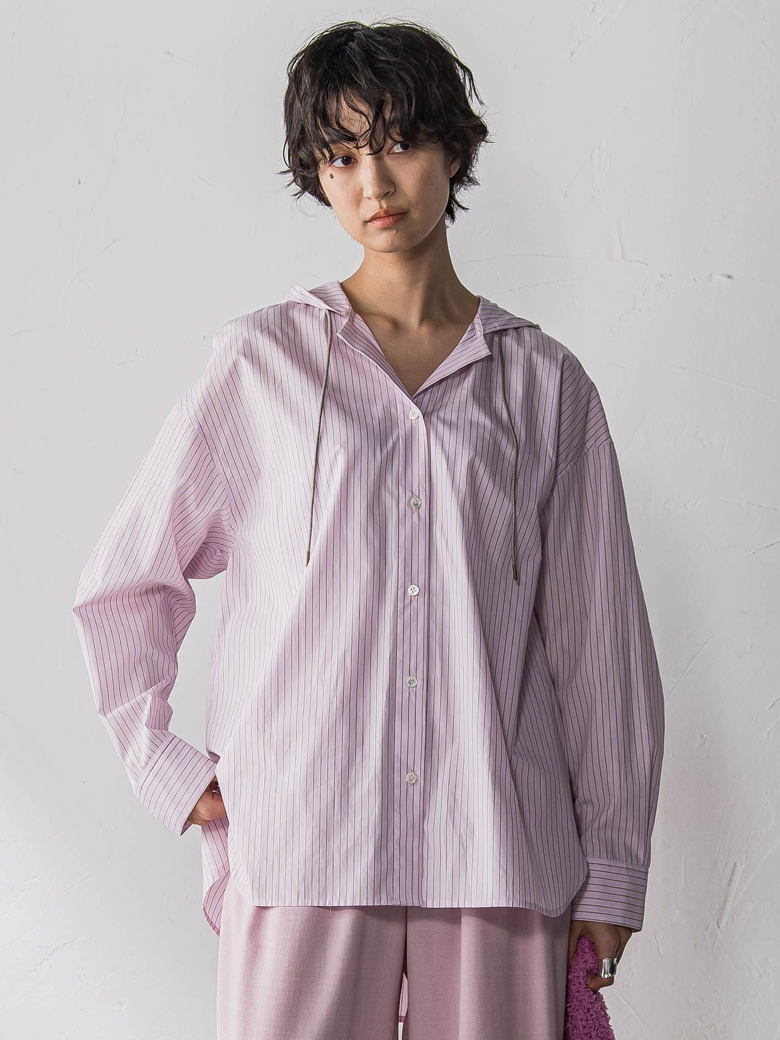 ストライプフーディオーバーシャツ≪手洗い可能≫