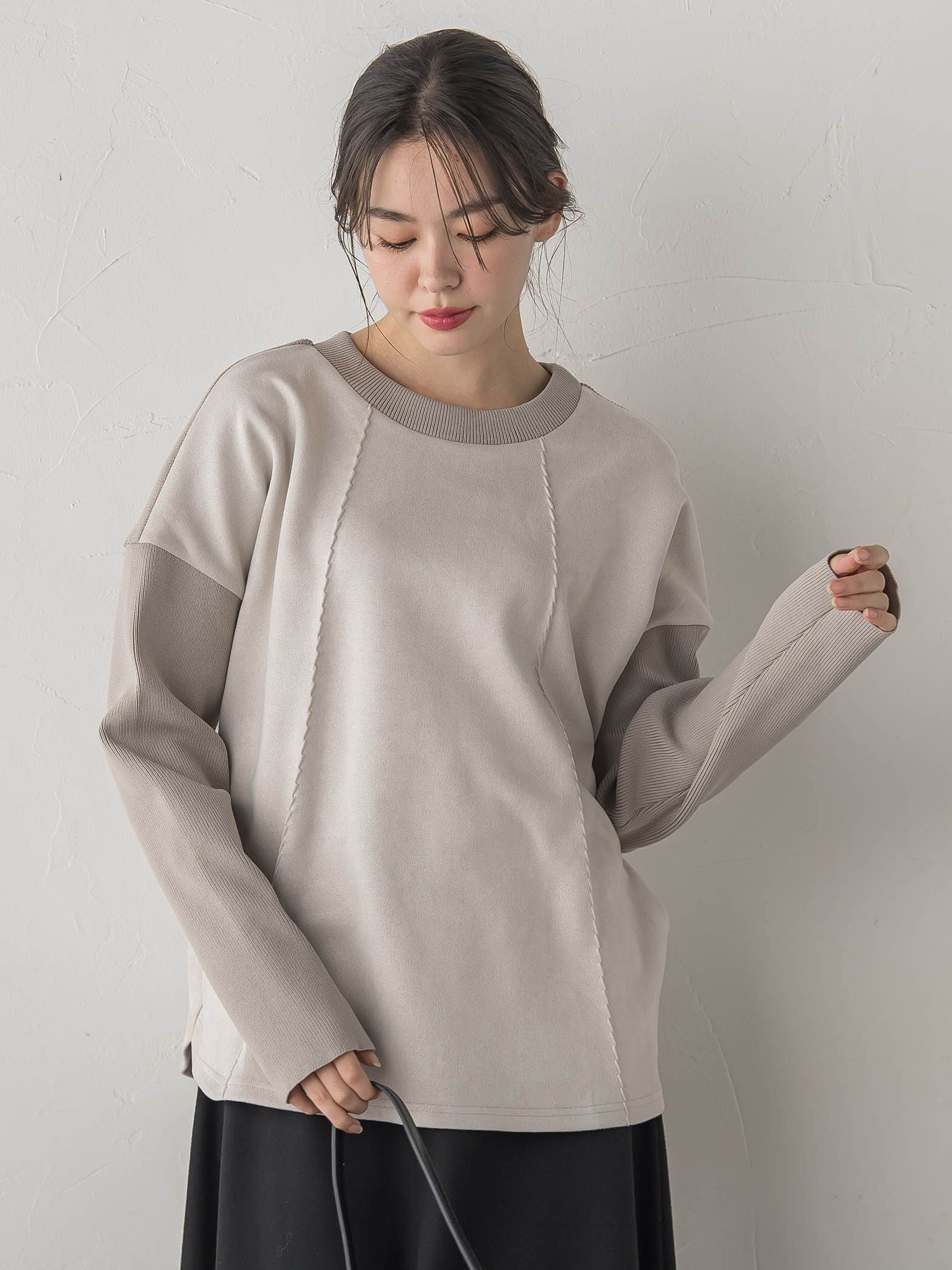 スエード×リブ変形切替えプルオーバー≪手洗い可能≫