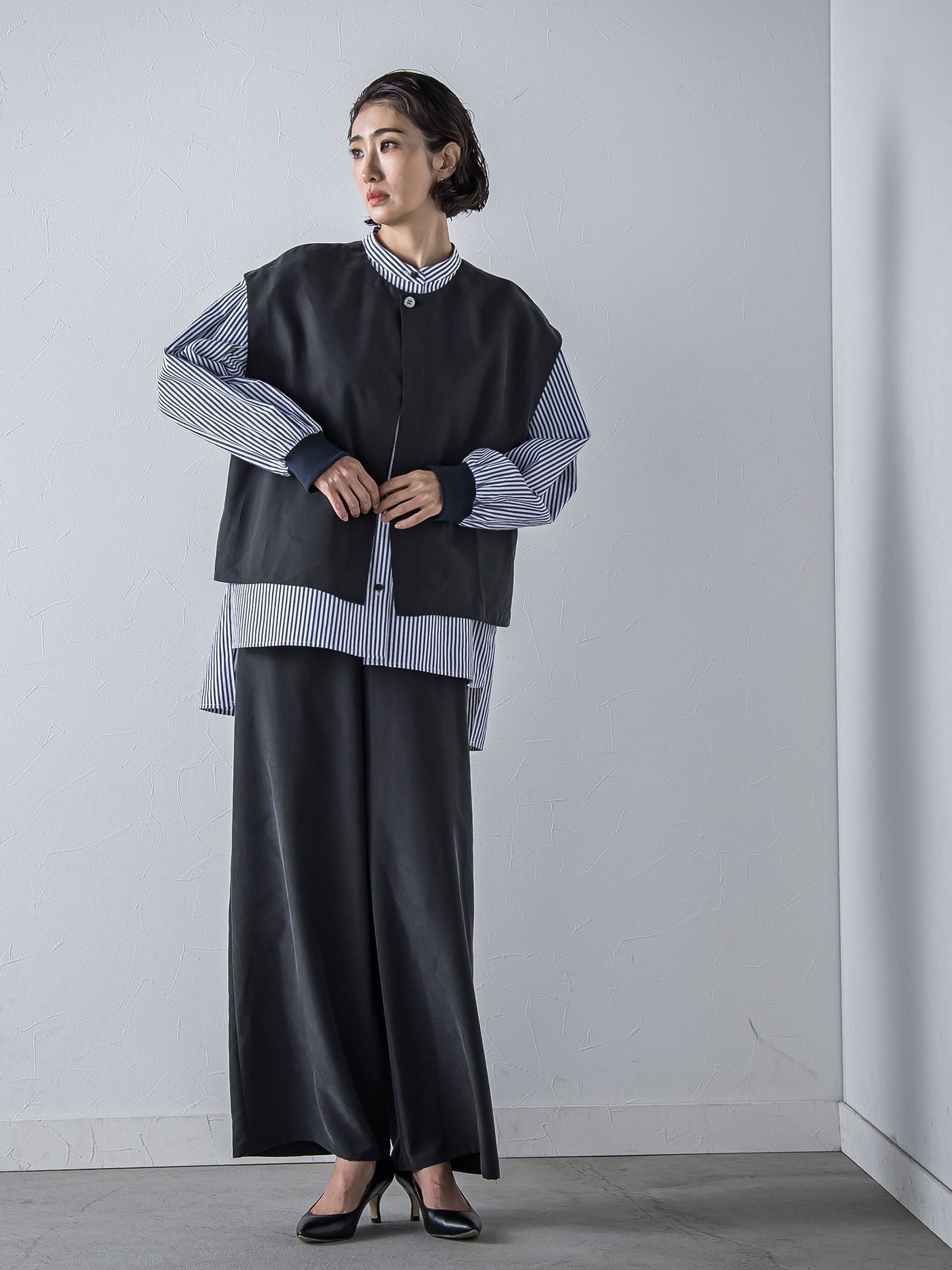 【大きいサイズ】【biyori/極】”こなれ袖がポイント”バンドカラーシャツ