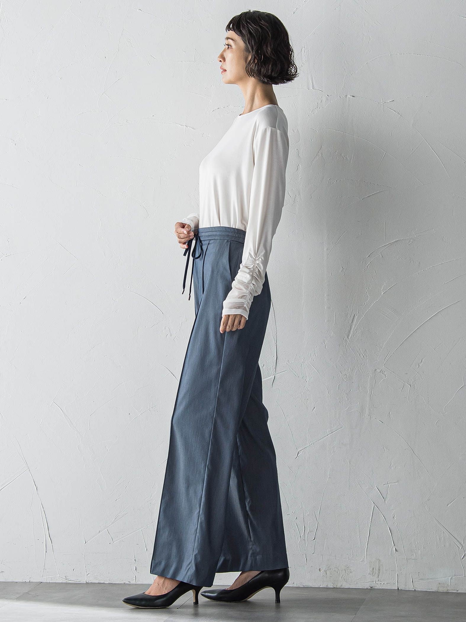 【WEB限定】デニム見えシャンブレーワイドパンツ≪洗濯機で洗える≫