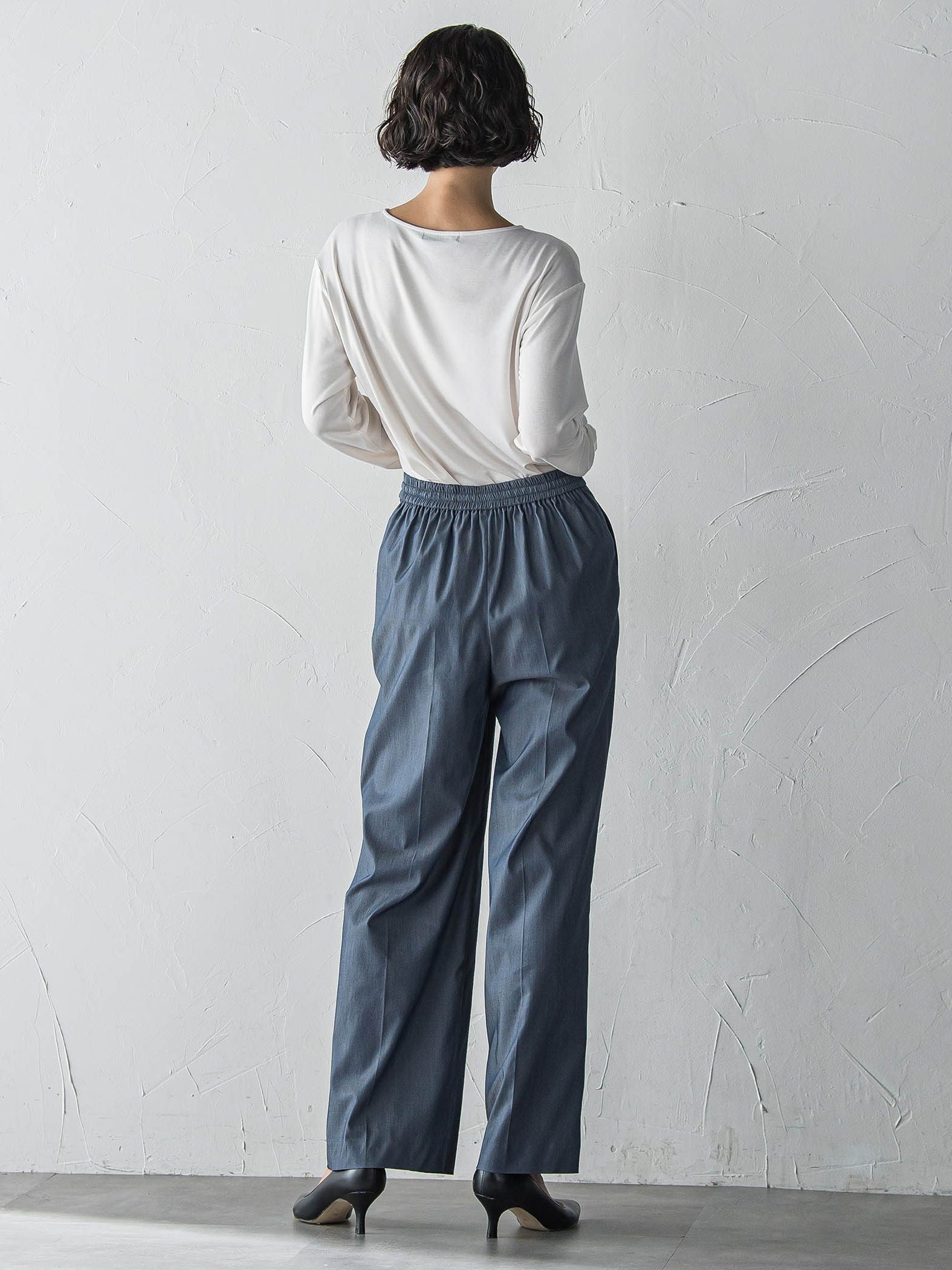 【WEB限定】デニム見えシャンブレーワイドパンツ≪洗濯機で洗える≫