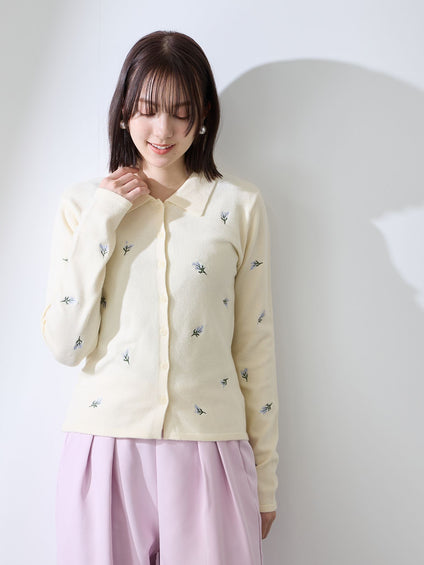 フラワー刺繍ポロニットトップス