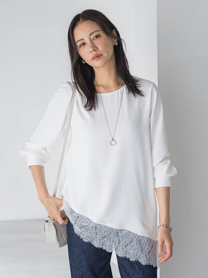 【カタログ掲載】≪+1でトレンドライク≫サテンアシメヘムレースブラウス