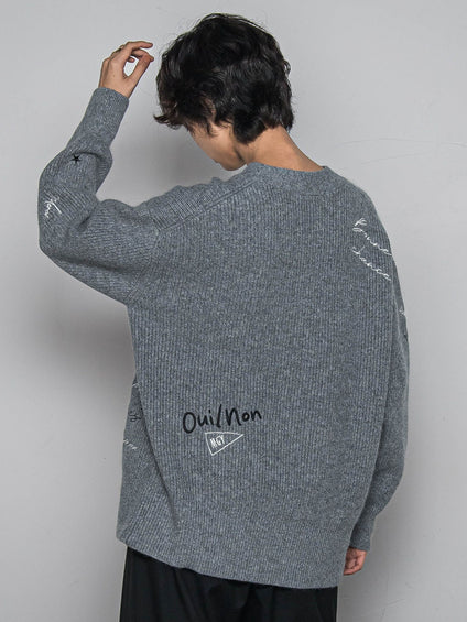 メッセージ刺繍Vネックニットプルオーバー≪手洗い可能≫