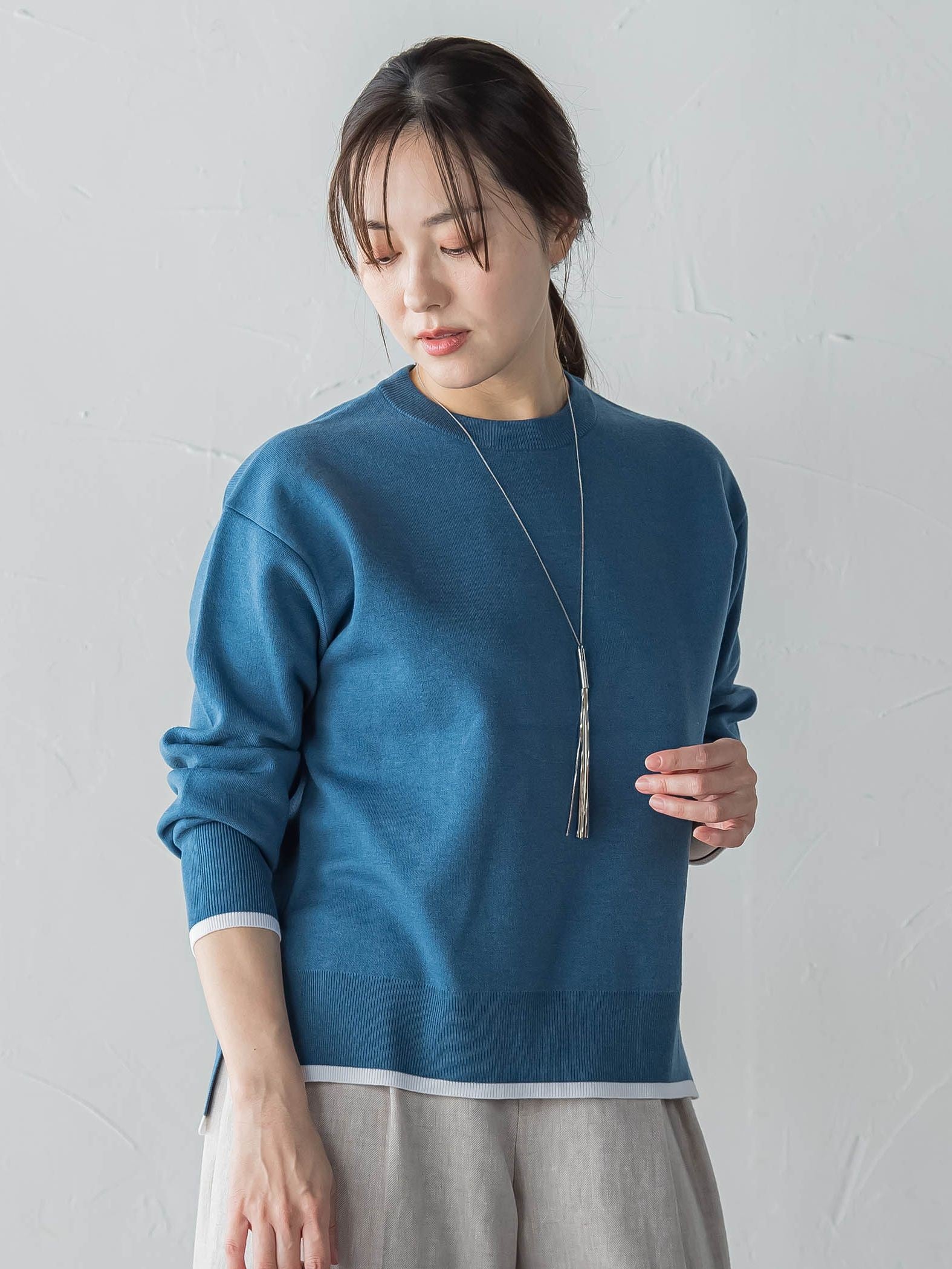 配色クルーネックニット≪洗える≫