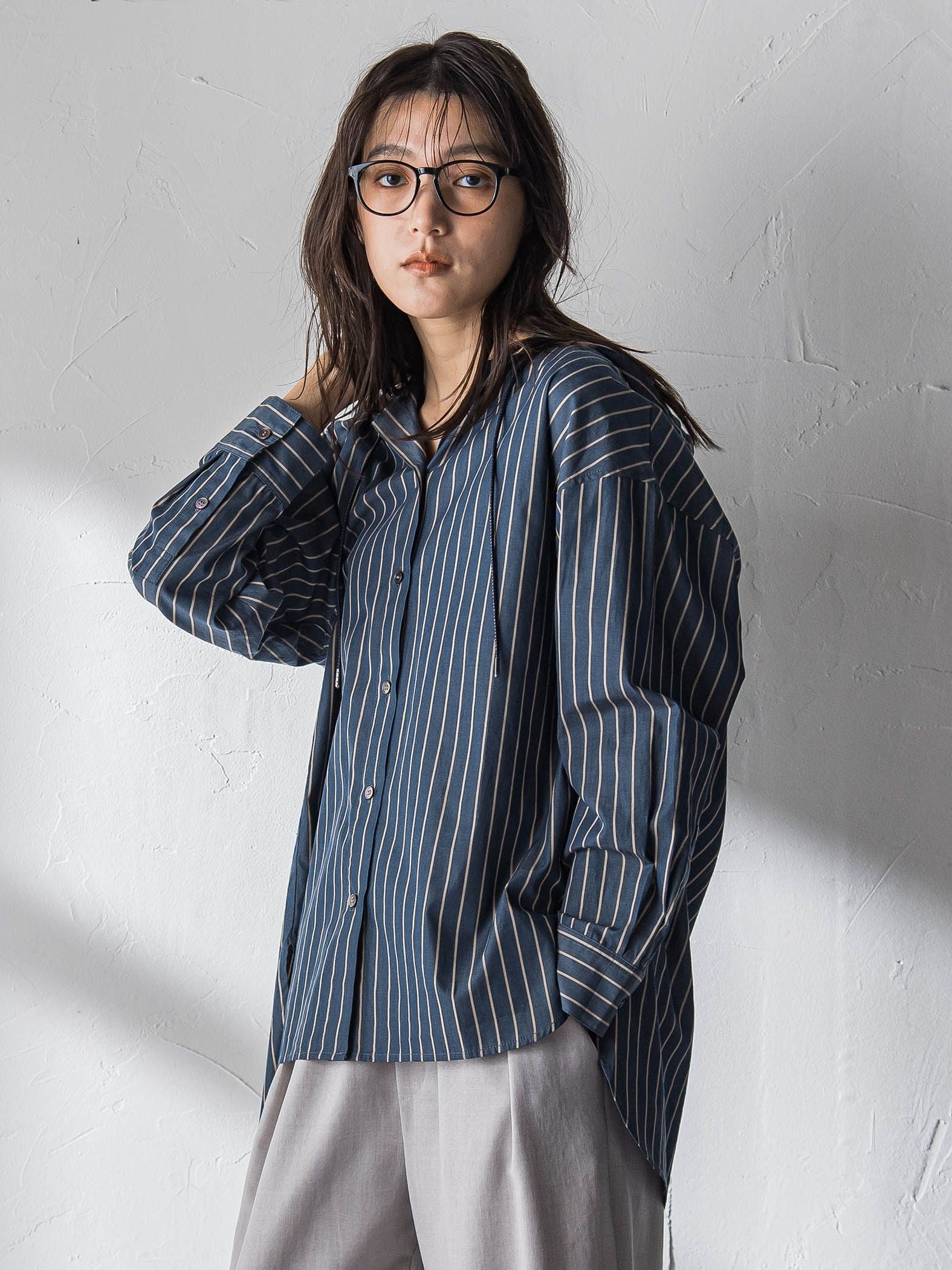 ストライプフーディオーバーシャツ≪手洗い可能≫