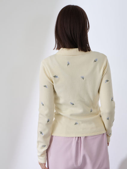 フラワー刺繍ポロニットトップス