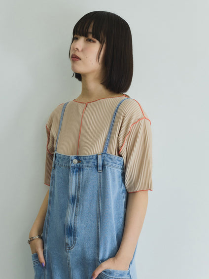 メロー配色プリーツカットトップス≪手洗い可能≫