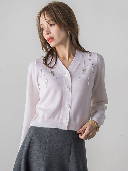 Vネックビジューカーディガン≪手洗い可能≫