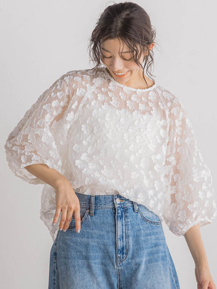 Flower Jacquardブラウス≪洗濯機で洗える≫