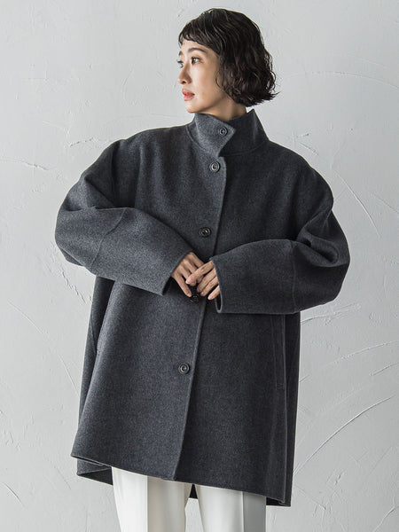 【大きいサイズ】スタンドカラーウールリバーコート