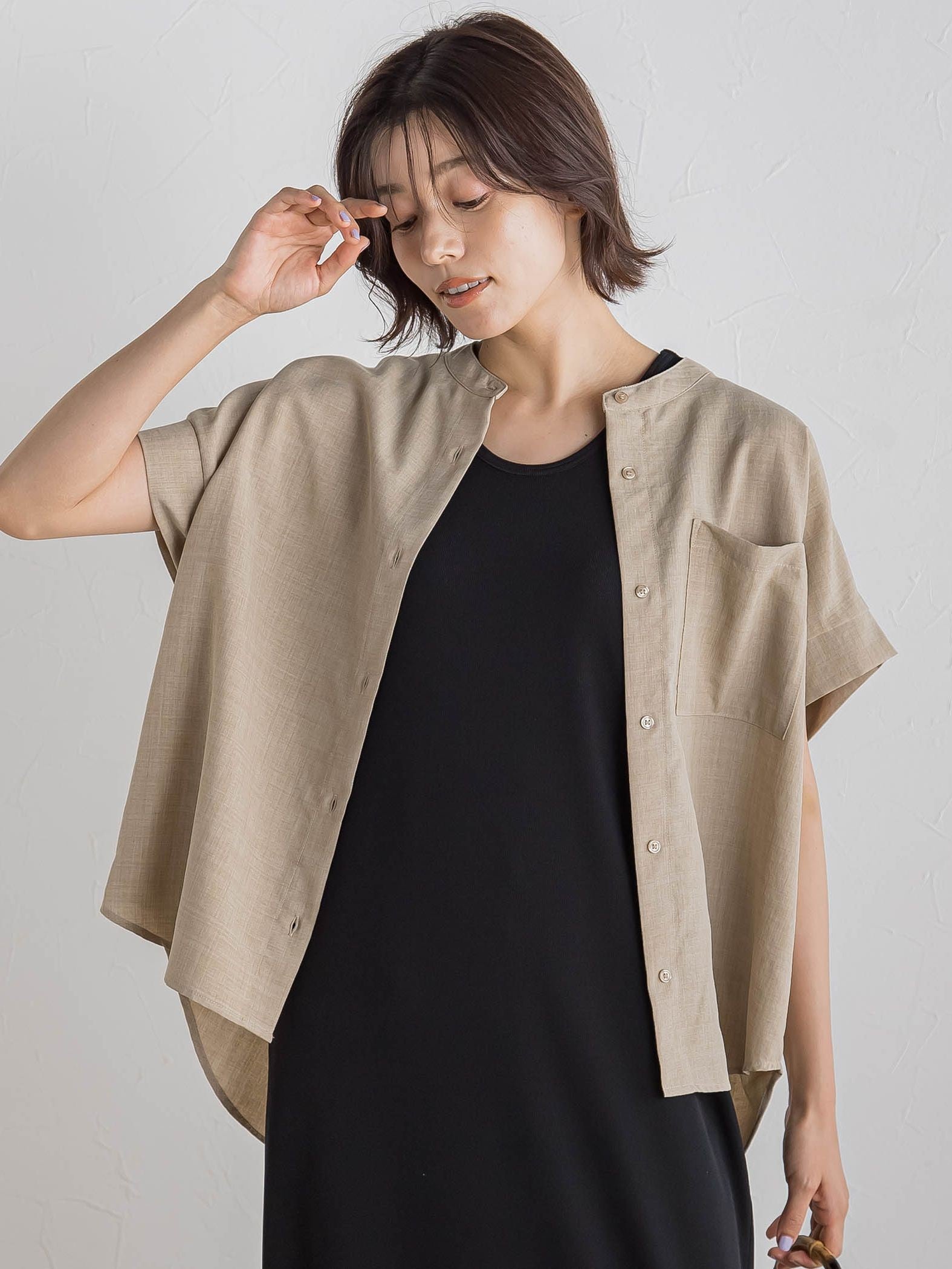 【WEB限定】麻調バックヨークテープ切替えブラウス≪洗濯機で洗える≫