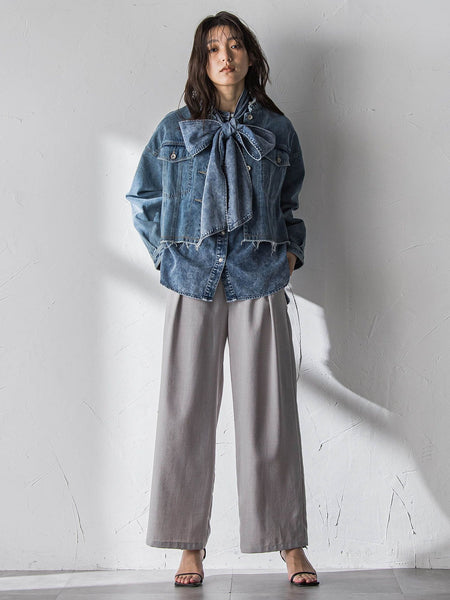 ボウタイ付きデニムシャツ≪洗濯機で洗える≫