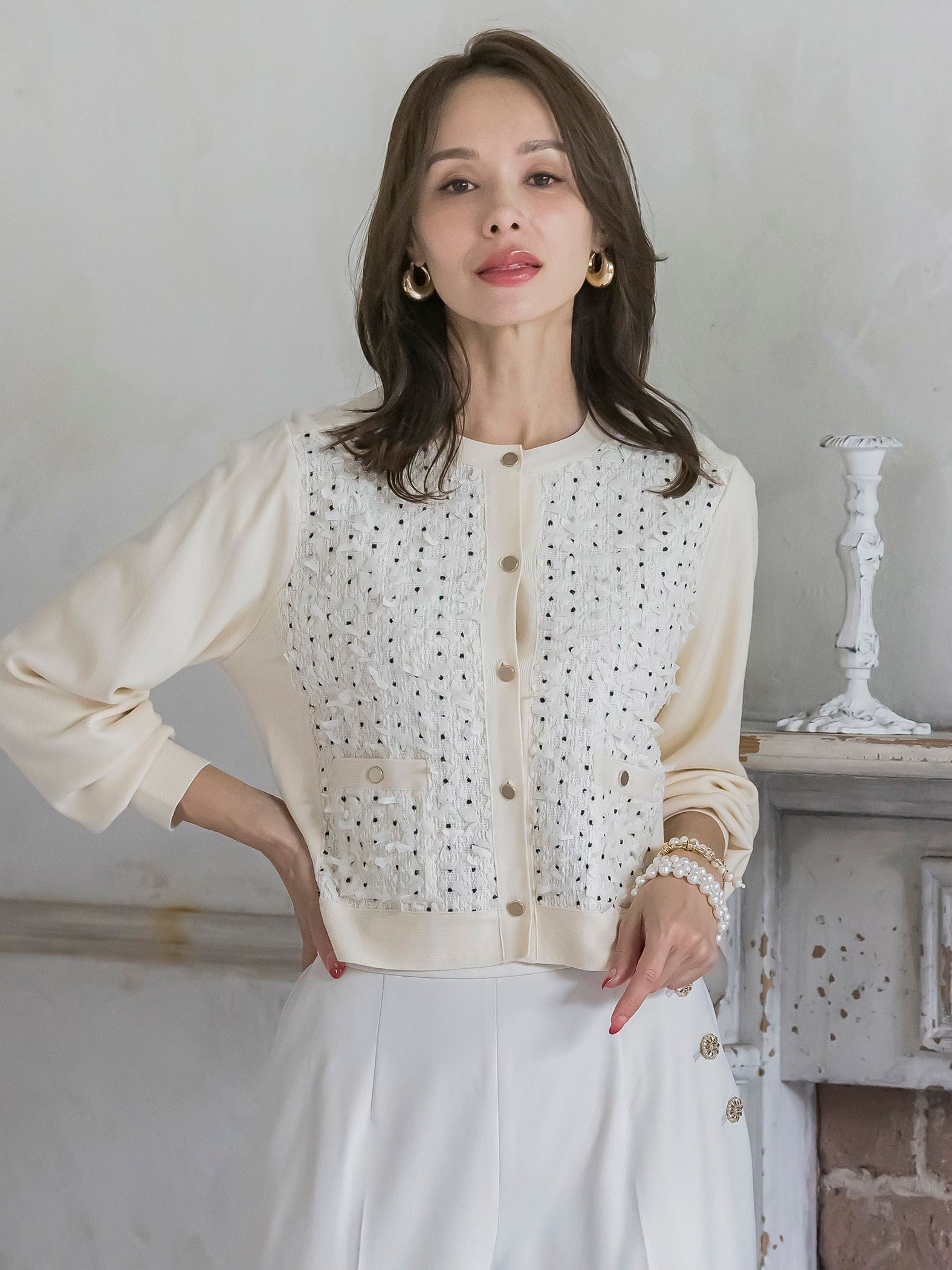 リボンドットツイードカーディガン