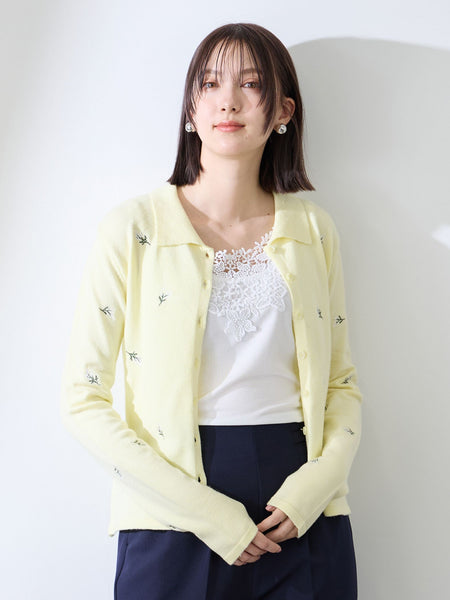 フラワー刺繍ポロニットトップス