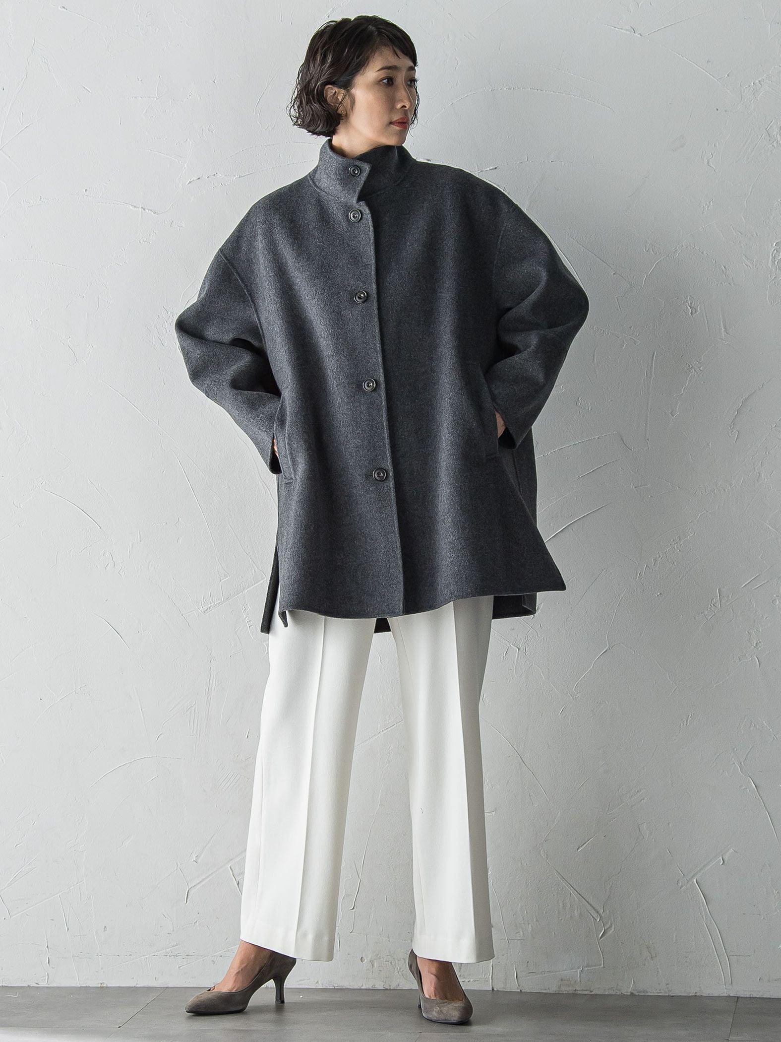 【大きいサイズ】スタンドカラーウールリバーコート