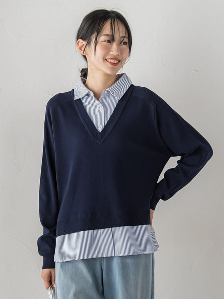 【WEB限定】Vネックブラウス切替えプルオーバー≪手洗い可能≫