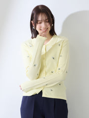 フラワー刺繍ポロニットトップス