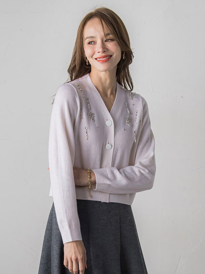 Vネックビジューカーディガン≪手洗い可能≫