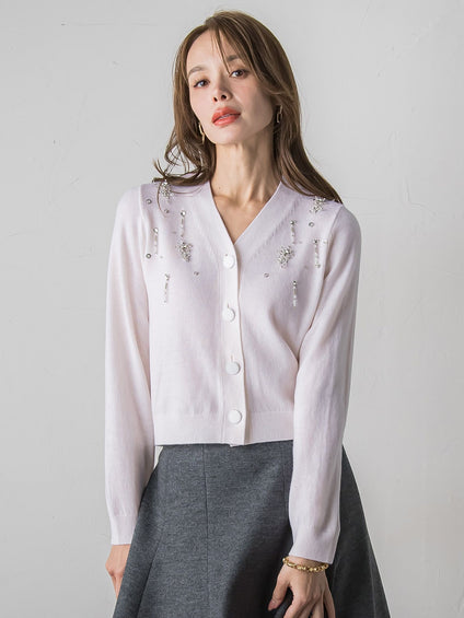 Vネックビジューカーディガン≪手洗い可能≫