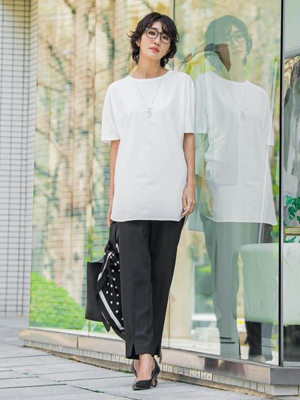 【WEB限定/大きいサイズ】“美脚デニム見え”裾スリットテーパードパンツ