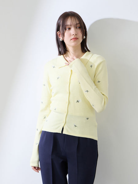 フラワー刺繍ポロニットトップス