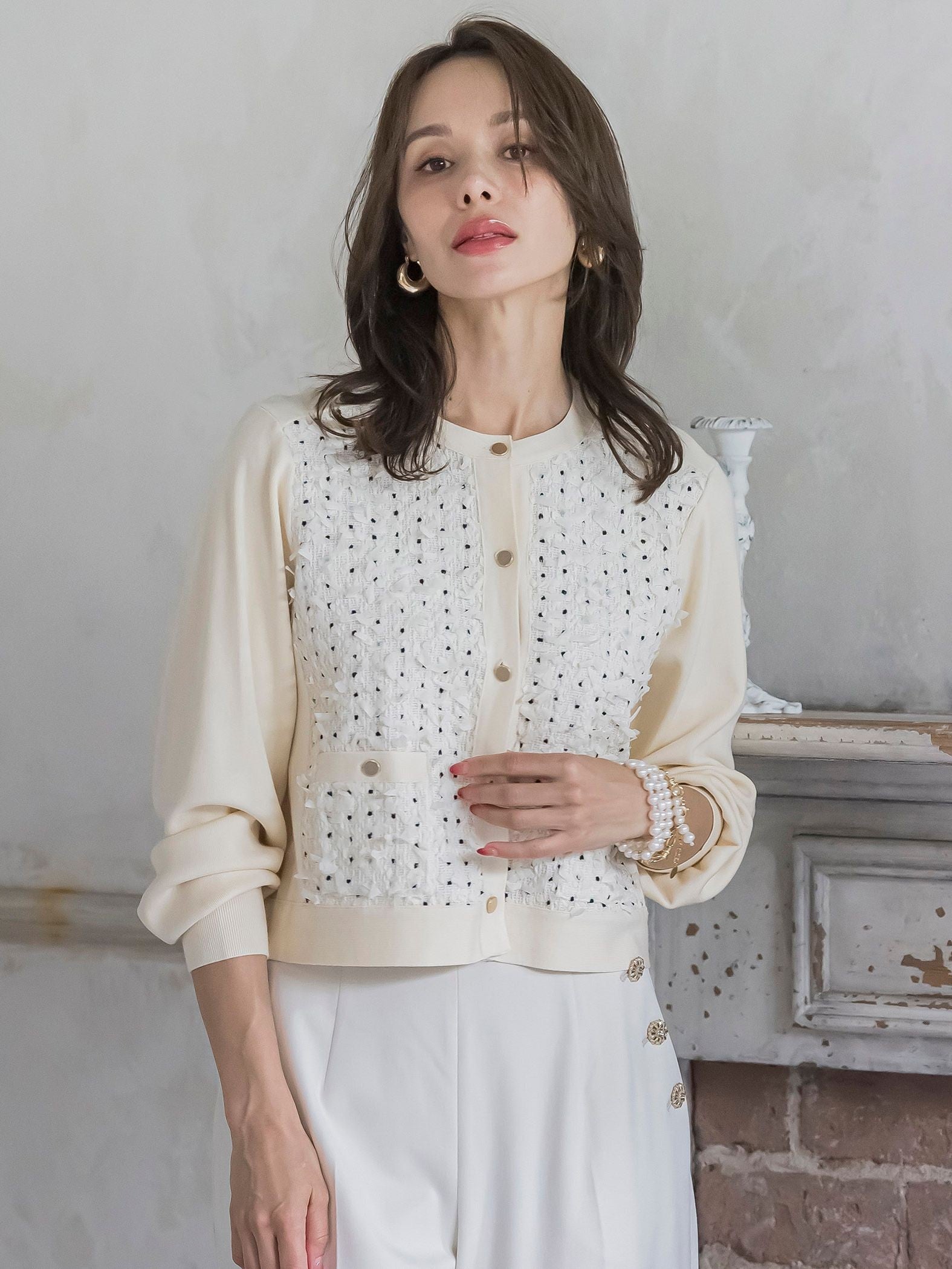 リボンドットツイードカーディガン