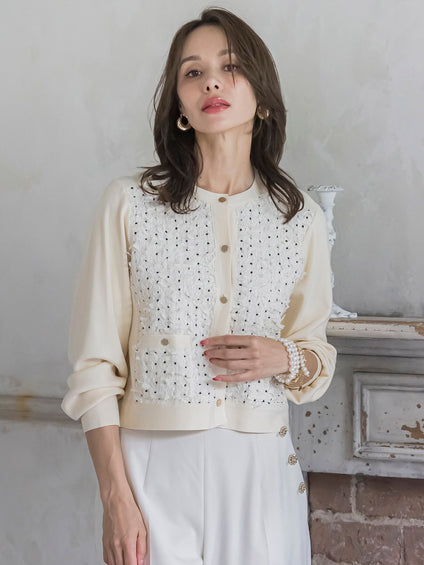 リボンドットツイードカーディガン