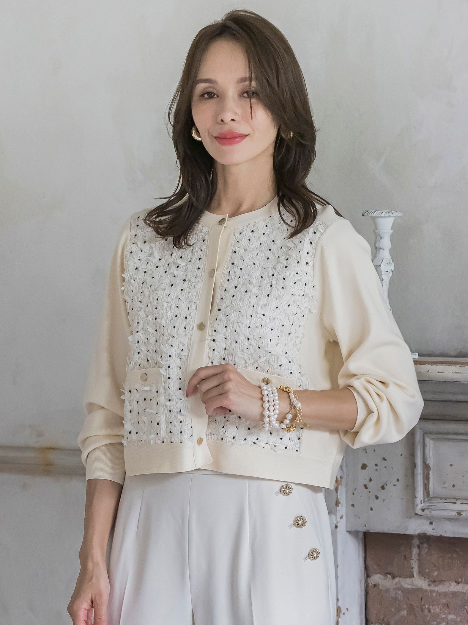 リボンドットツイードカーディガン